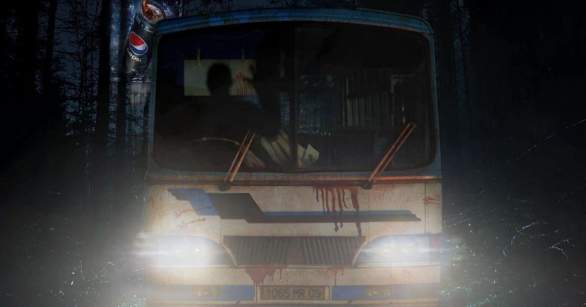 Bus with blood stain with headlight on
