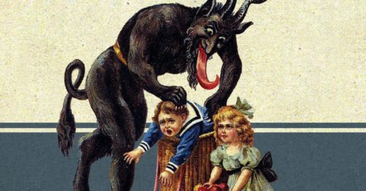 Krampus - a half goat and half demon Santa has his tongue out while holding kids.