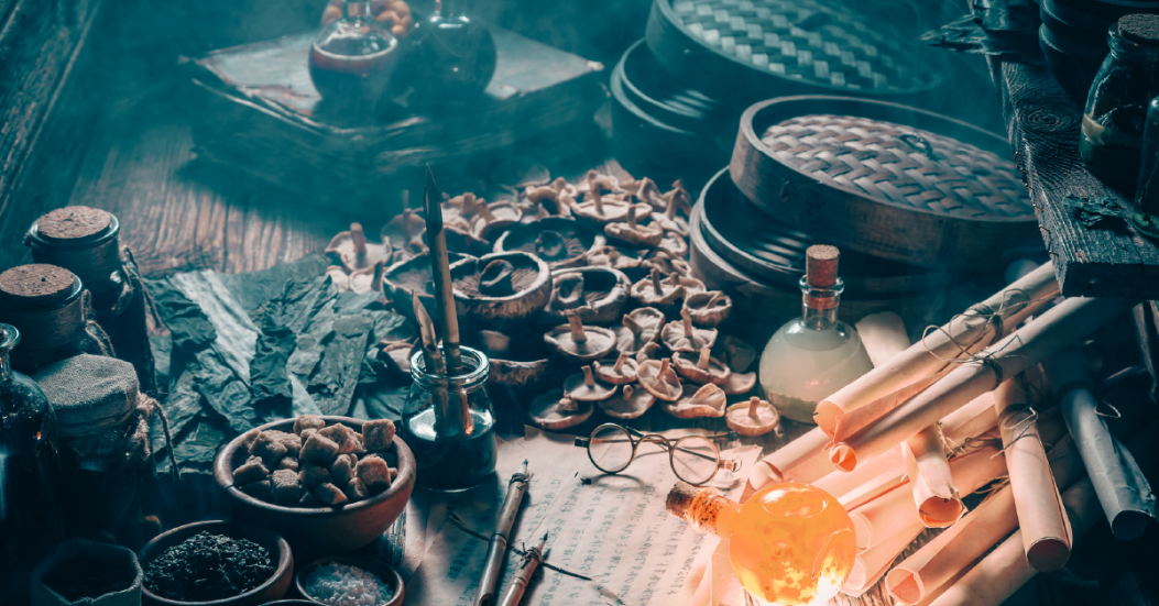 Image of traditional malaysia black magic materials with leaves, candle, black powder, and other items to be used in Sihir / Black Magic Type #4 - Santau