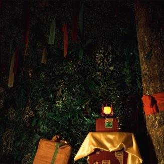 A mysterious box with yellow clothing placed under a tree filled with hanging talismans.