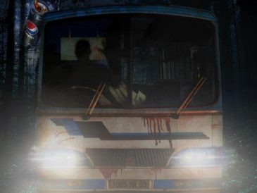 Bus with blood stain with headlight on